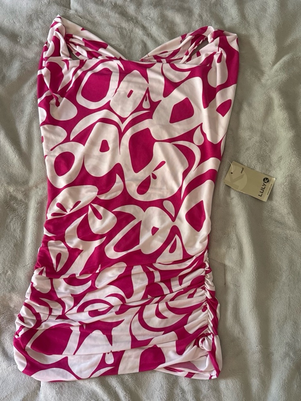 Luly K NWT Pink Tropical Abstract Ruched O-Ring Tunic Top Size Small